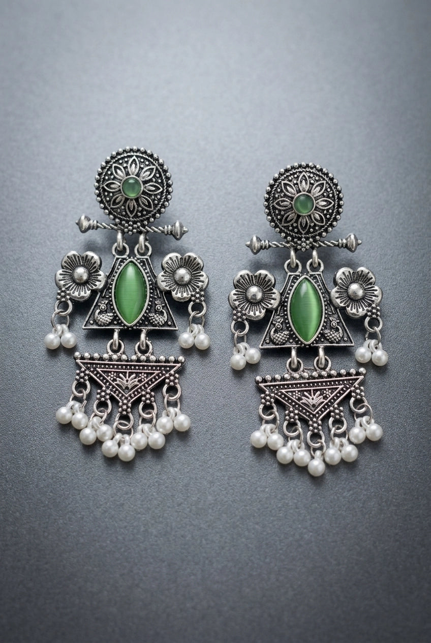 Oxidized Silver Floral & Stone Statement Earrings with Pearl Drops for Festive Ethnic Wear