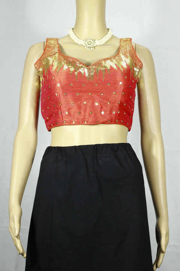 Orange Sequin Padded Back Knot Designer Blouse for Women, Fully Stitched Sleeveless with Shimmer Neckline - Orange