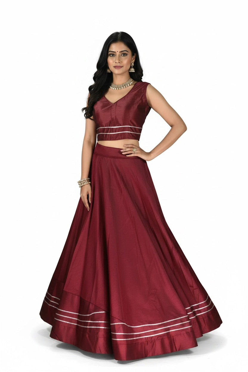 Maroon Silk Lehenga with Silver Stripe Border & Sleeveless High-Neck Blouse, Back Tie-Up - Maroon