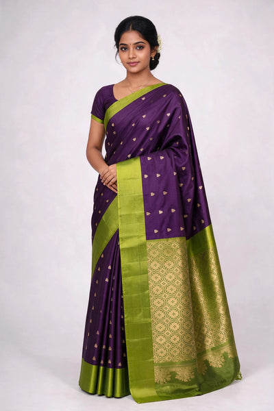 Dark Purple Soft Silk Saree with Kommai Butta and Contrast Green Border for Traditional Wear - Dark Purple