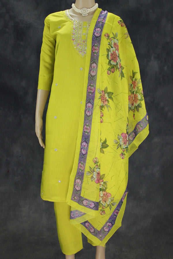 Elegant Yellow Green Roman Silk 3 Piece Set with Digital Dupatta - Yellow Green