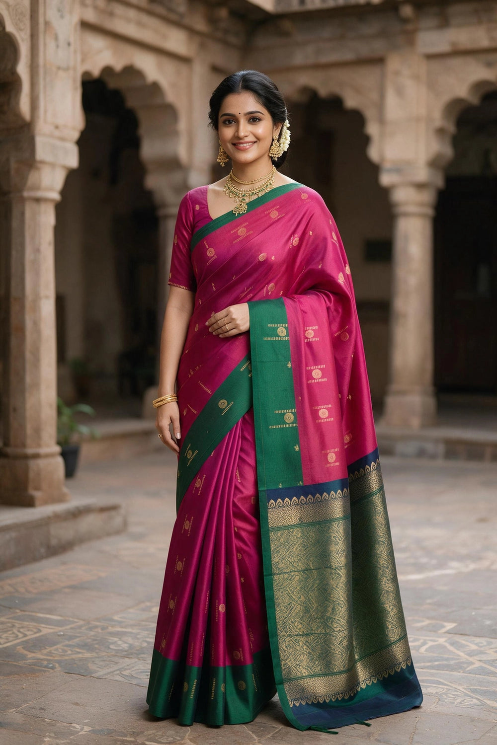 Rose Pink & Olive Soft Silk Saree with Contrast Border and Pallu for Women - Rose Pink & Olive