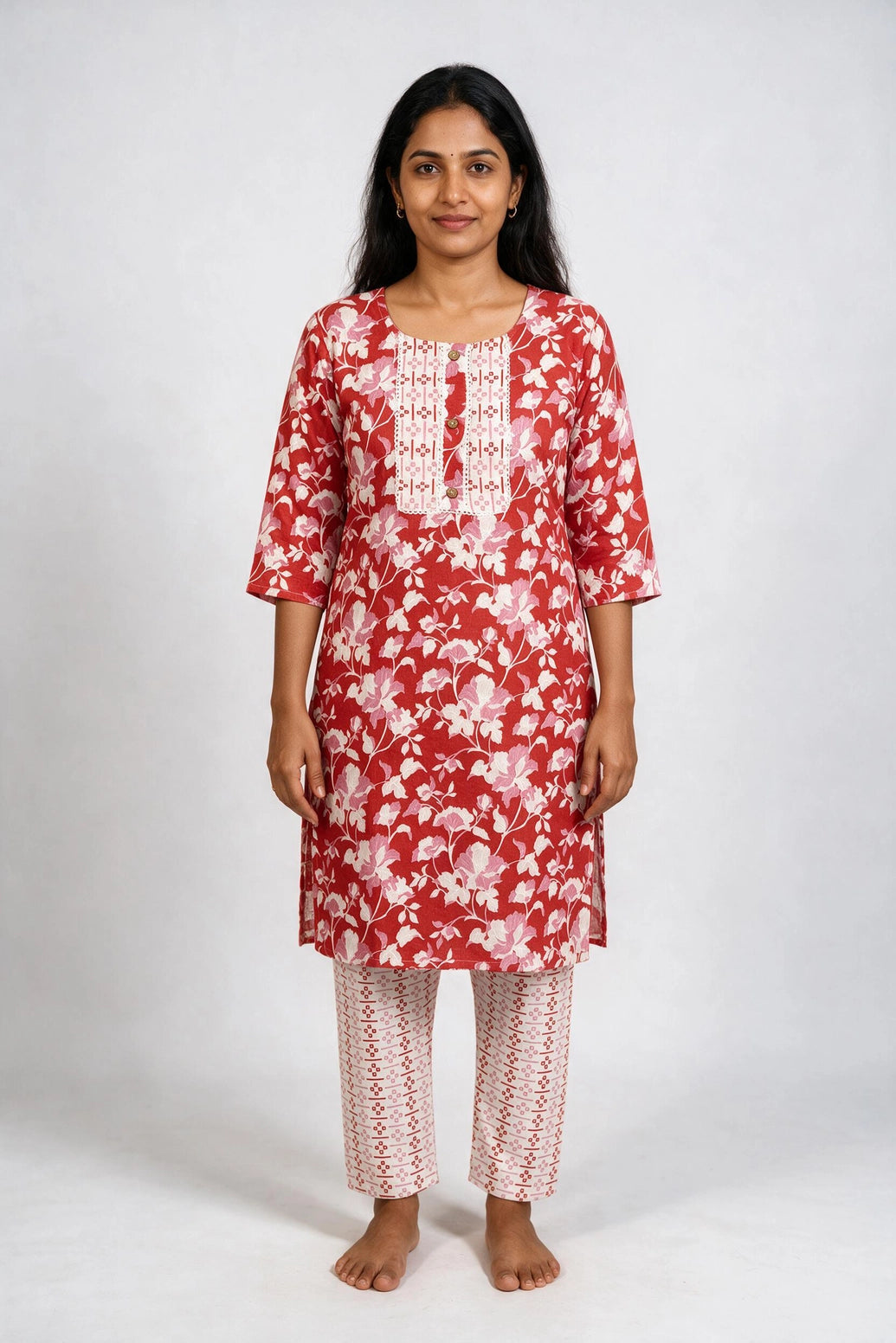 Pink Floral Cotton Kurti with Pant 2-Piece Set, Chevron Panel Detailing and Lace Trim - Pink