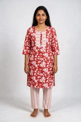 Pink Floral Cotton Kurti with Pant 2-Piece Set, Chevron Panel Detailing and Lace Trim - Pink