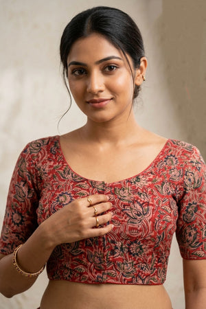 Red Kalamkari Cotton Padded Blouse - Readymade
