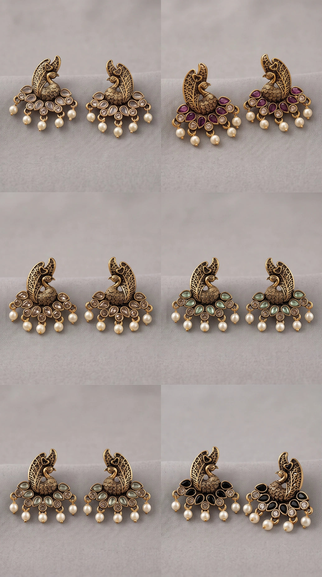 Peacock Motif Traditional Statement Earrings with Teardrop Stones and Pearl Drops