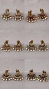 Peacock Motif Traditional Statement Earrings with Teardrop Stones and Pearl Drops