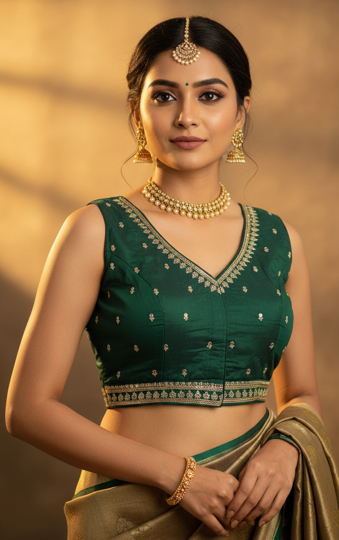 Green Readymade Designer Padded Blouse with Deep Neckline and Zari Border Work, Back Knot, Fully Stitched