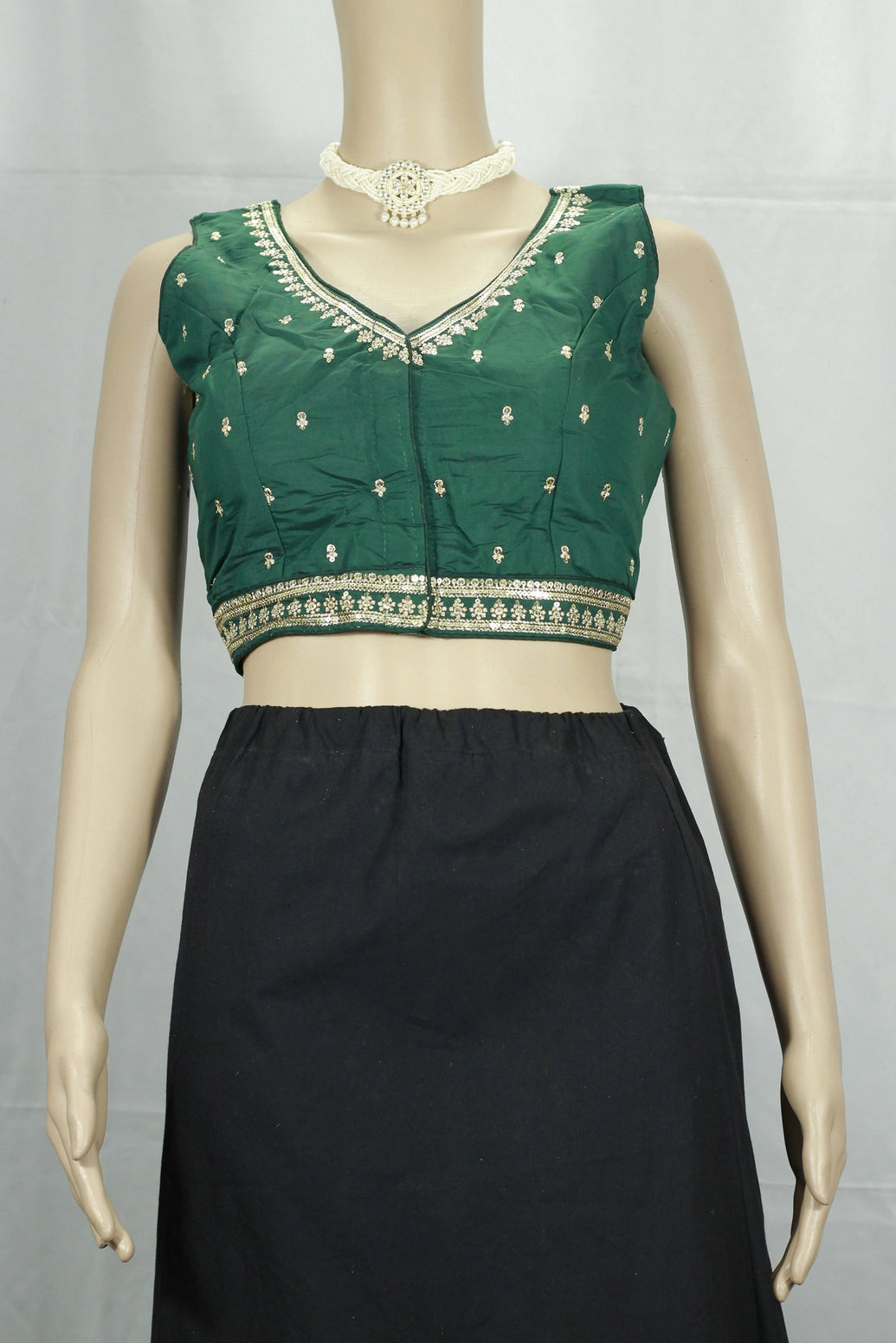 Green Readymade Designer Padded Blouse with Deep Neckline and Zari Border Work, Back Knot, Fully Stitched