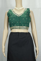 Green Readymade Designer Padded Blouse with Deep Neckline and Zari Border Work, Back Knot, Fully Stitched