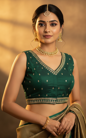 Green Readymade Designer Padded Blouse with Deep Neckline and Zari Border Work, Back Knot, Fully Stitched