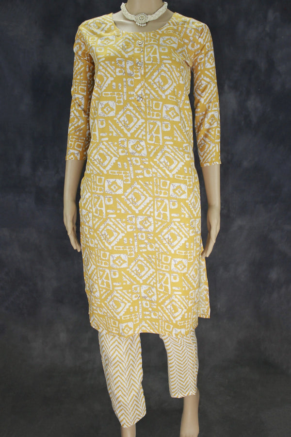 Yellow Cotton Kurta Set with Printed Design - Yellow