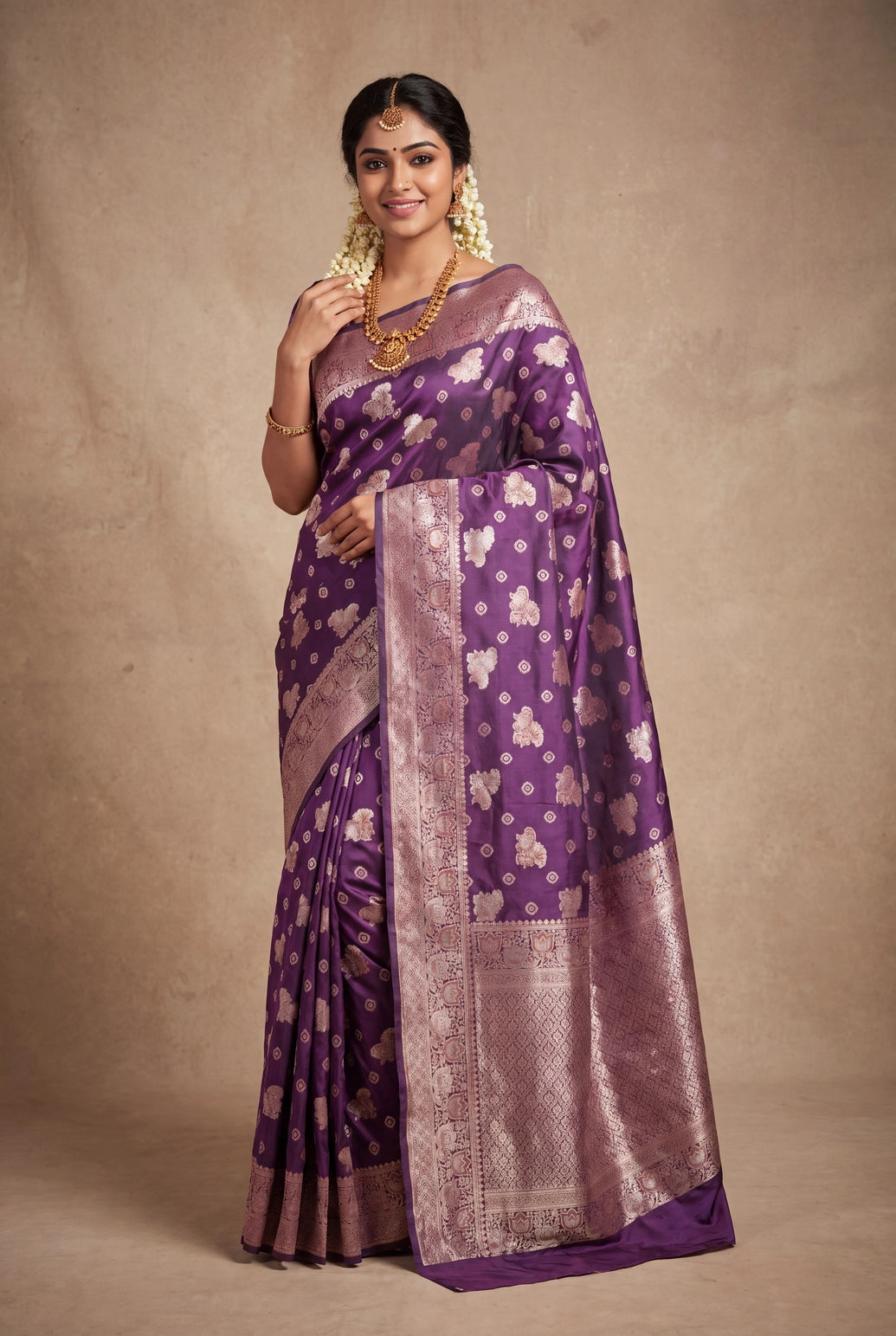 Purple Marathi Tadka Soft Silk Saree with Rich Pallu and Pure Zari Floral Weave - Purple