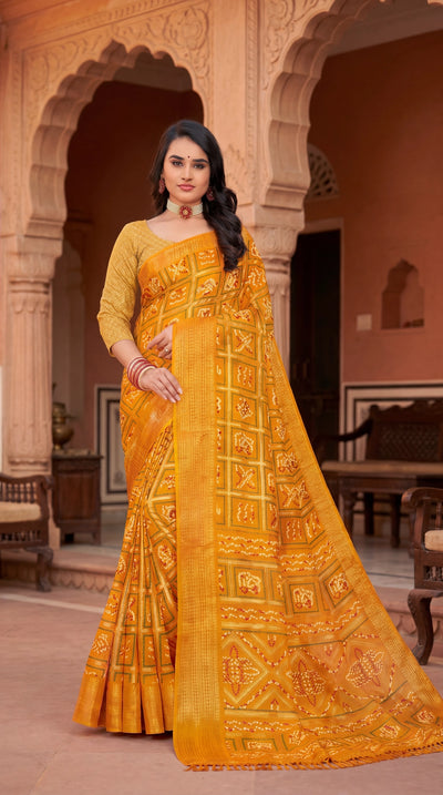 Yellow Bandhani Print Chiffon Saree with Gold Zari Motifs and Broad Border for Festive Wear - Yellow