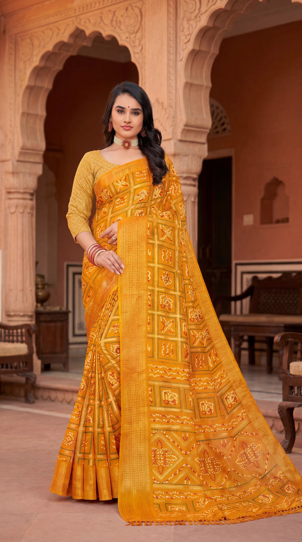 Yellow Bandhani Print Chiffon Saree with Gold Zari Motifs and Broad Border for Festive Wear - Yellow