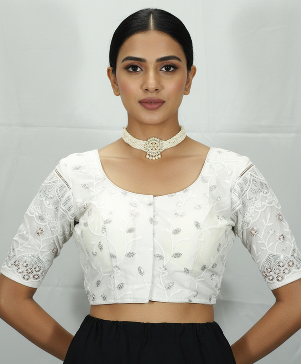 White Readymade Designer Padded Blouse with Aari Work Floral Motifs, Elbow Sleeves & Back Knot