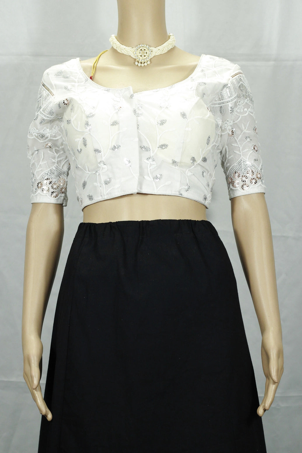 White Readymade Designer Padded Blouse with Aari Work Floral Motifs, Elbow Sleeves & Back Knot - White
