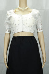 White Readymade Designer Padded Blouse with Aari Work Floral Motifs, Elbow Sleeves & Back Knot - White