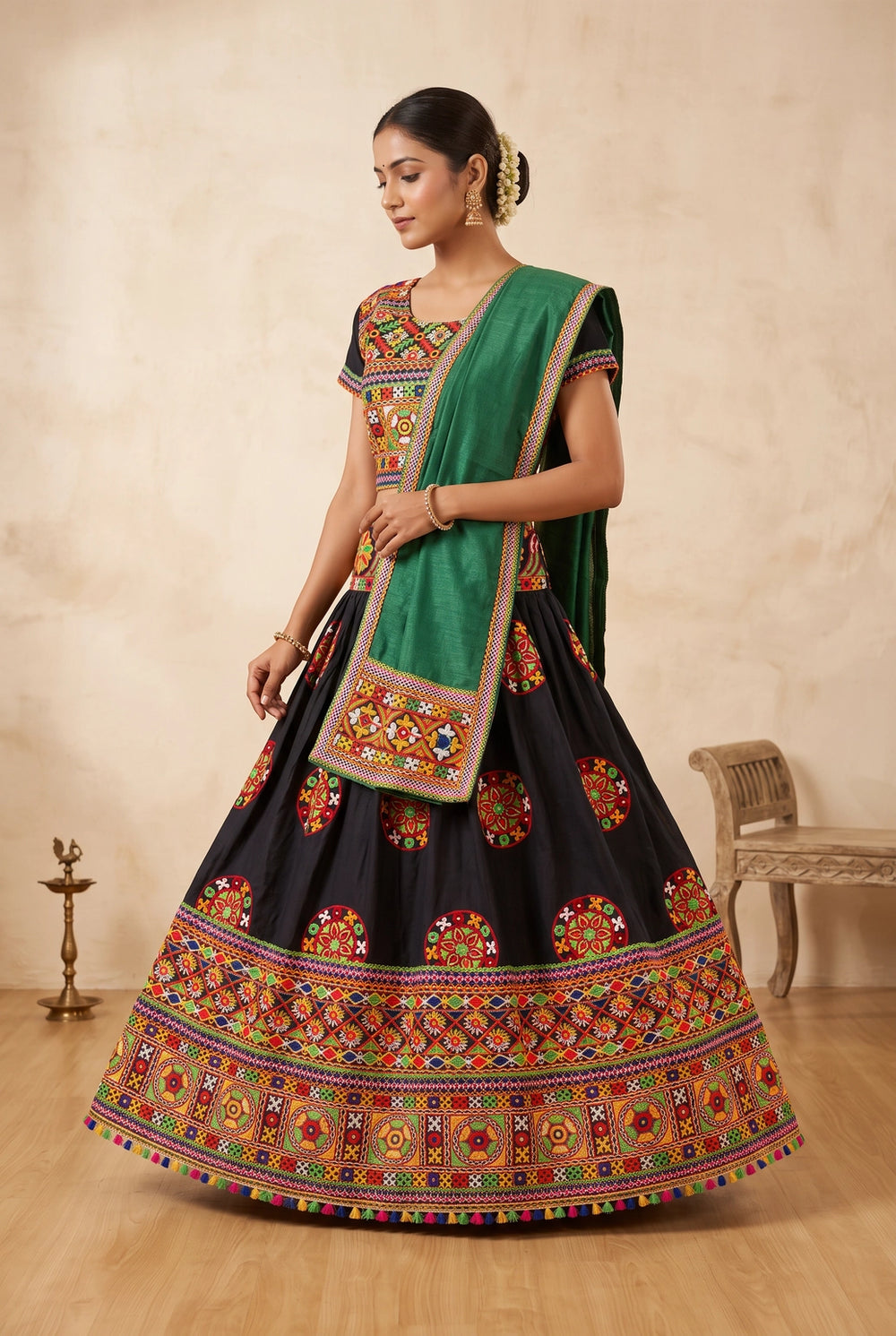 Designer Navratri Chaniya Choli Set in Black & Green with Kutchi Mirror Embroidery and Flared Skirt - Black & Green