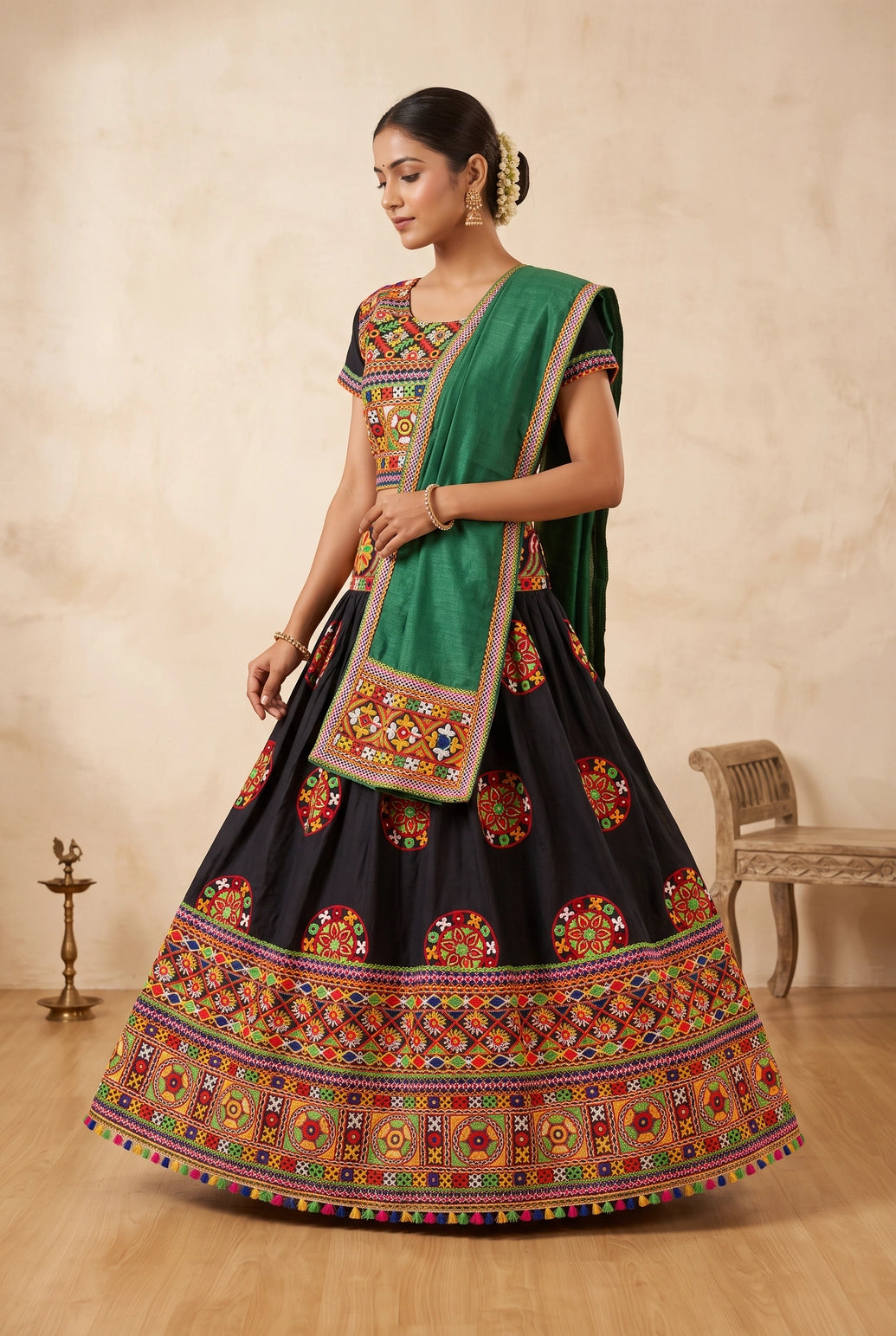 Designer Navratri Chaniya Choli Set in Black & Green with Kutchi Mirror Embroidery and Flared Skirt - Black & Green