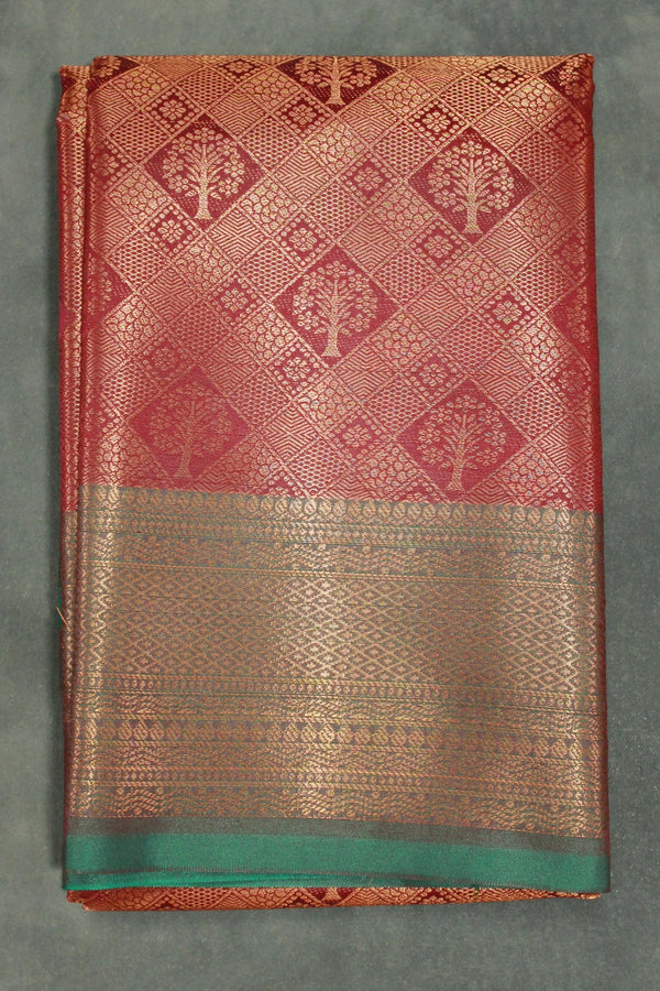Bridal Red Kubera Silk Saree with Grand Pallu Zari Border and Blouse - Red