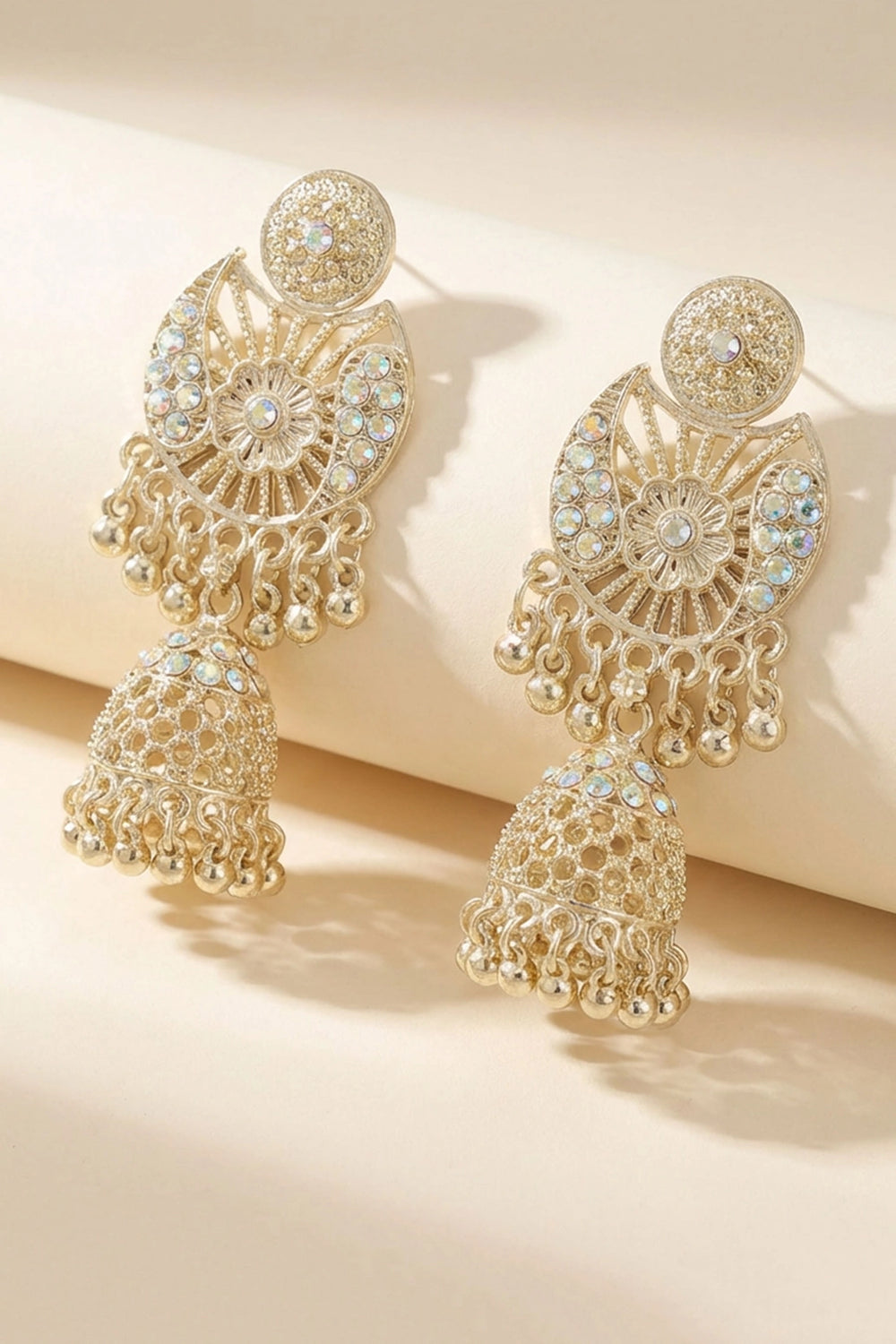 Traditional Oxidized Gold-Tone Jhumka Earrings with Floral Stud & Iridescent Stones (Sandal) - Sandal