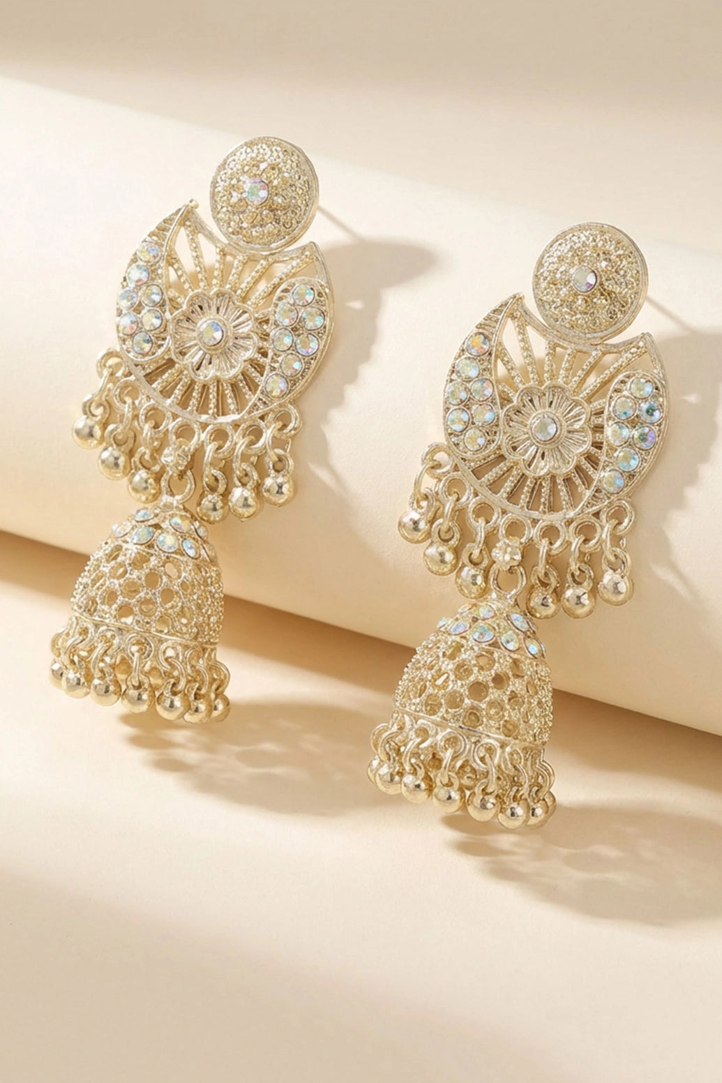Traditional Oxidized Gold-Tone Jhumka Earrings with Floral Stud & Iridescent Stones (Sandal) - Sandal