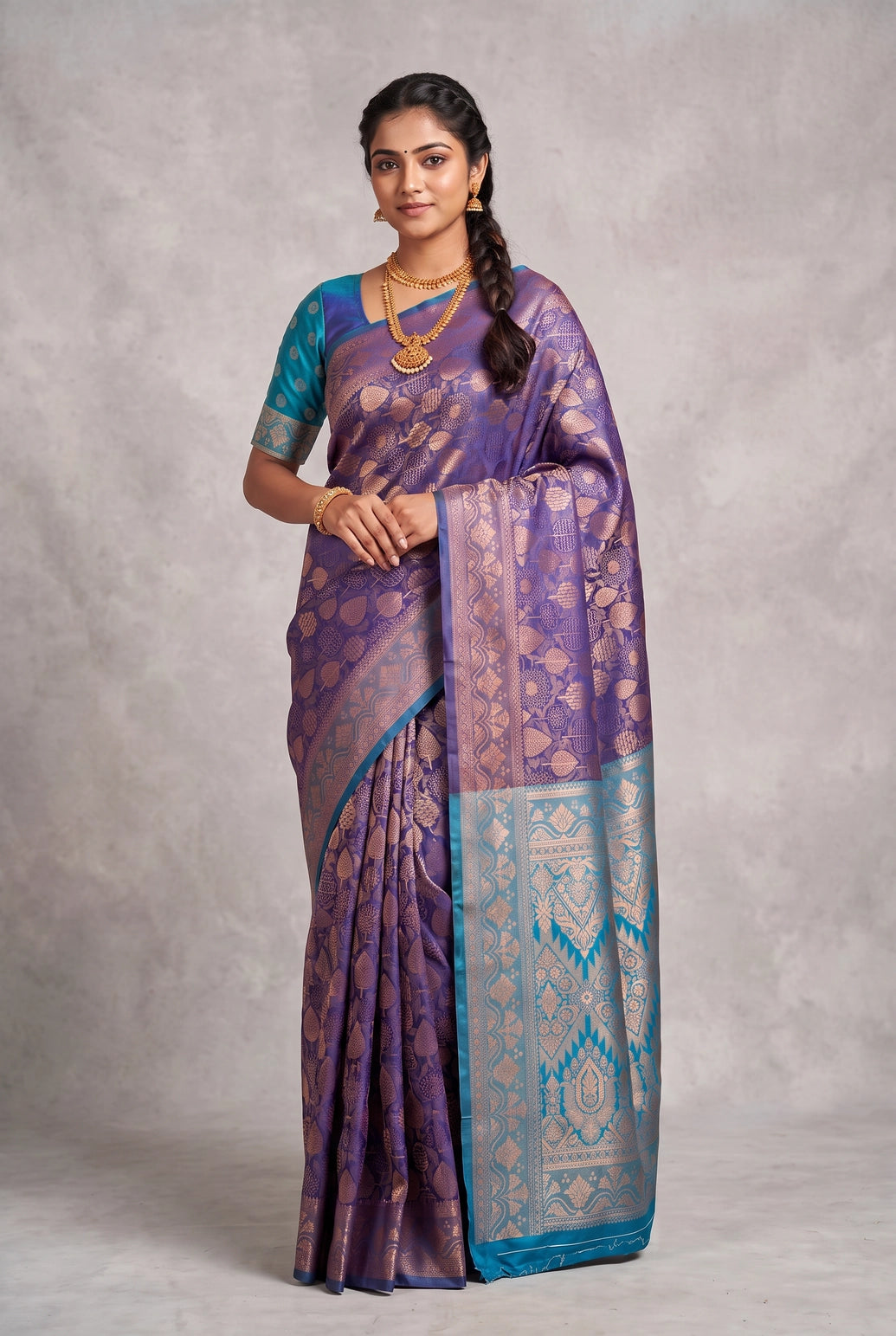 Navy Blue Soft Silk Designer Saree with Floral Weave Pattern and Matching Blouse - Navy Blue