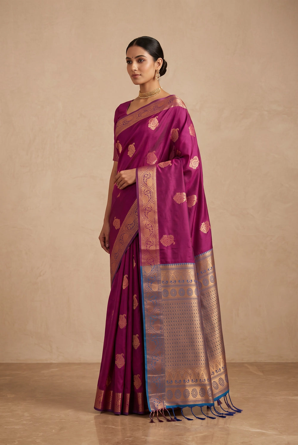 Magenta Soft Silk Saree with Contrast Border and Gold Zari Buttas, Traditional Floral Zari Border and Blouse - Magenta