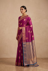 Magenta Soft Silk Saree with Contrast Border and Gold Zari Buttas, Traditional Floral Zari Border and Blouse - Magenta