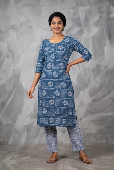Indigo Blue Rayon Kurti with Printed Elastic Pant 2-Piece Set for Women | Round Neck, 3/4 Sleeves - Indigo Blue