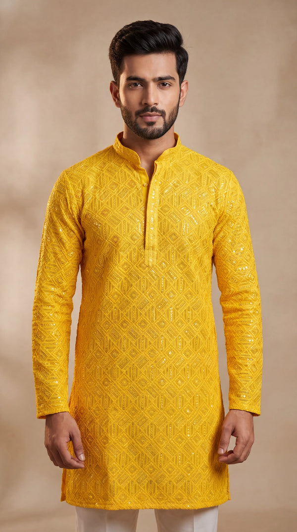 Men’s Yellow Chikankari Cotton Kurta with Sequin Embroidery, Pareek Work - Yellow