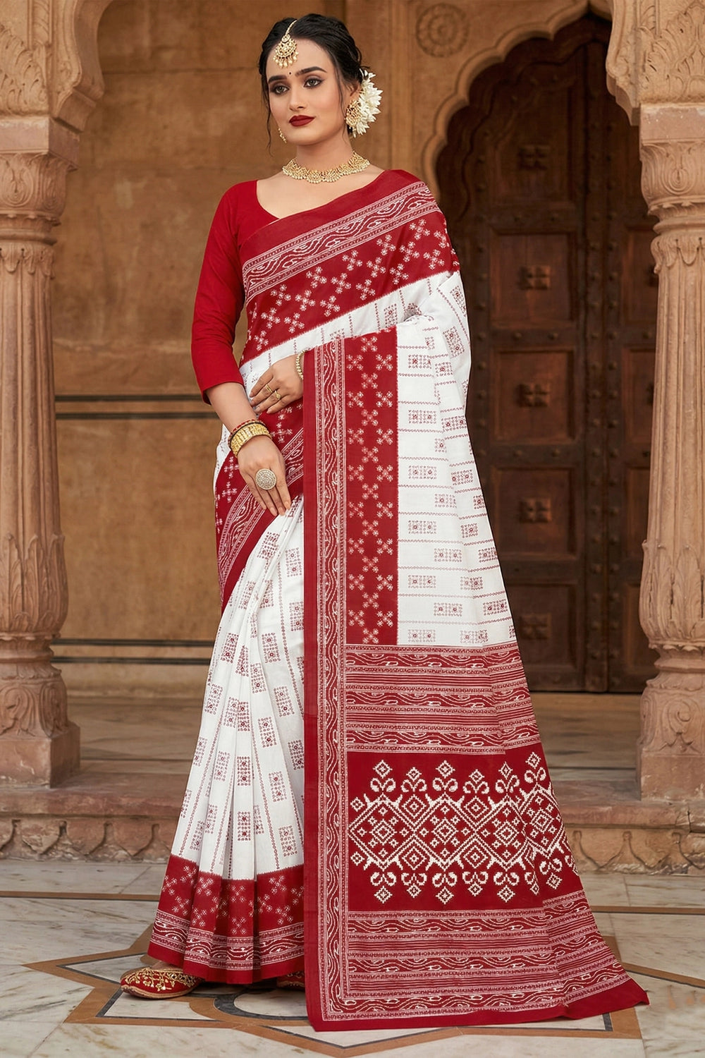 Red and White Pure Cotton Printed Saree with Border, Traditional Festive Wear for Women - White