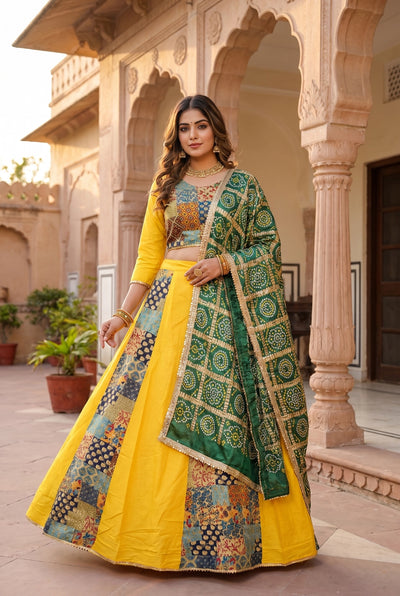 Yellow & Green Navratri Chaniya Choli with Patola Patchwork Print Lehenga and Contrast Dupatta - Yellow & Green