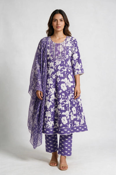 Purple Cotton Floral 3-Piece Kurti Set with Embroidered Neck, Frock Pant & Matching Dupatta - Purple