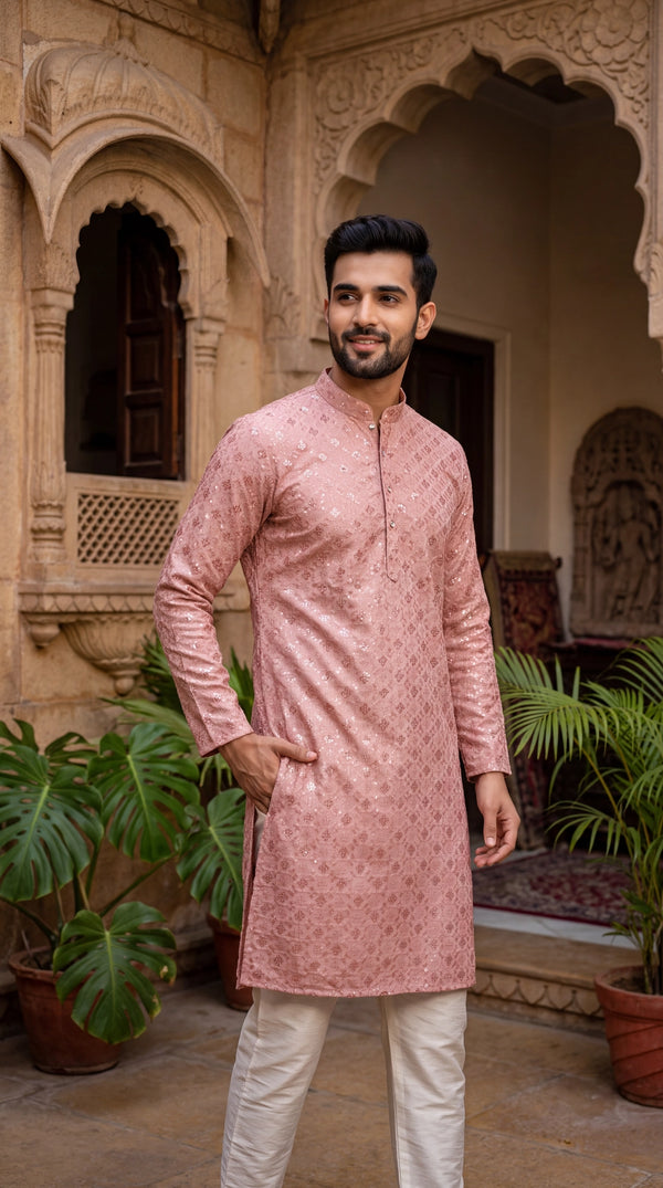 Men Onion Pink Lakhnavi Kurta with Jacquard Pattern, Band Collar & Button Placket - Onion Pink