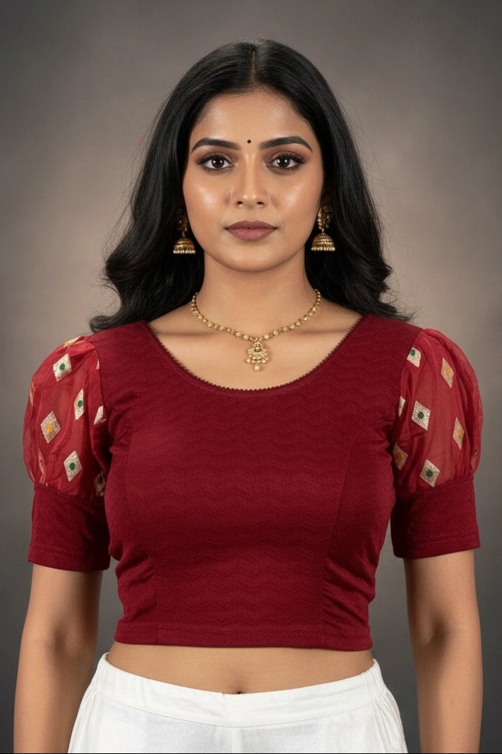 Maroon Readymade Designer Stretch Blouse with Puff Sleeves and Traditional Zari Motifs - Maroon