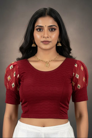 Maroon Readymade Designer Stretch Blouse with Puff Sleeves and Traditional Zari Motifs
