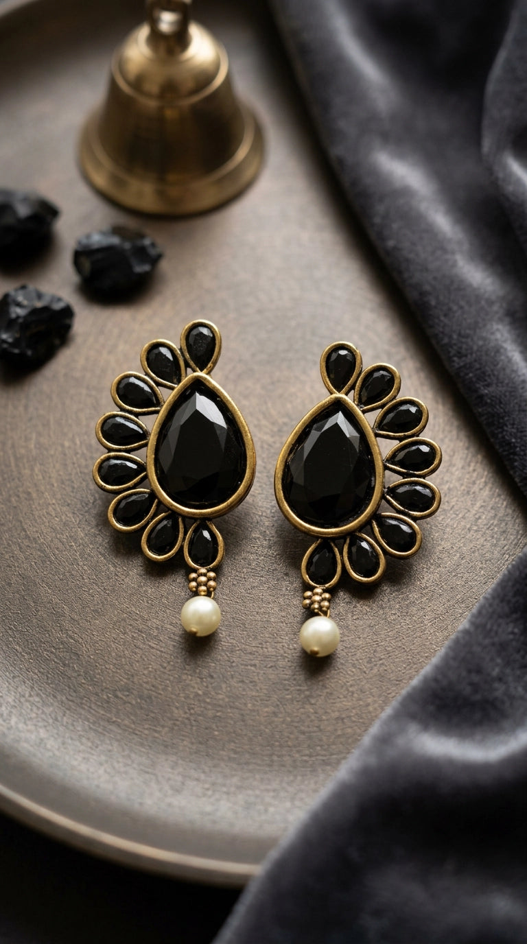 Black Teardrop Stone & Pearl Drop Antique Gold-Tone Earrings for Women, 1.5 inch Ethnic Party Wear - Black