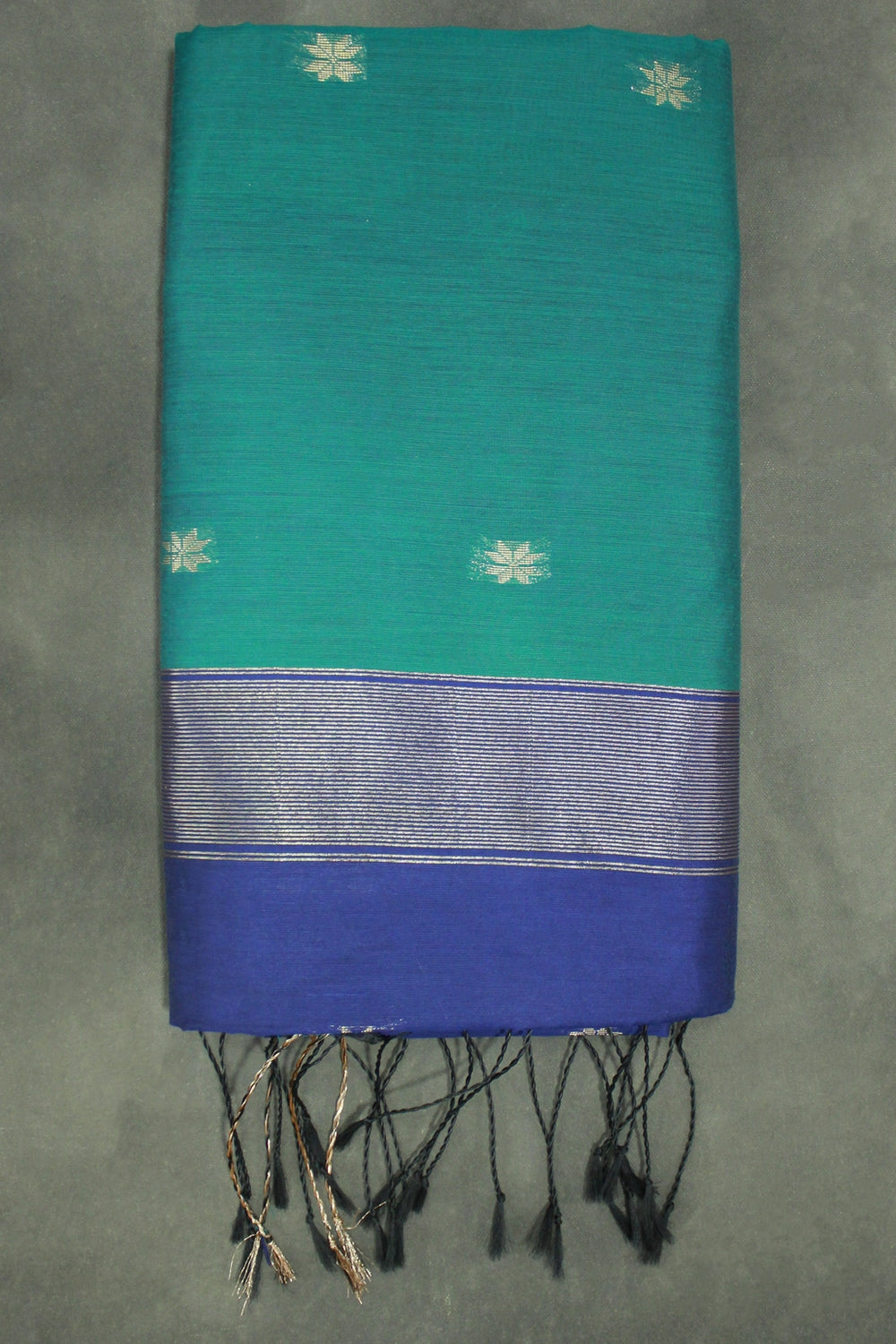 Dark Teal Maheswari Silk Cotton Saree with Small Butta and Zari Border - Dark Teal
