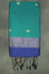 Dark Teal Maheswari Silk Cotton Saree with Small Butta and Zari Border - Dark Teal