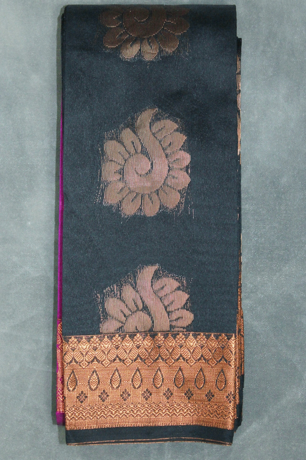 Black Silk Cotton Saree with Zari Floral Border and Blouse Piece, Traditional Wedding Festive Wear - Black