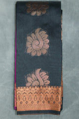 Black Silk Cotton Saree with Zari Floral Border and Blouse Piece, Traditional Wedding Festive Wear - Black