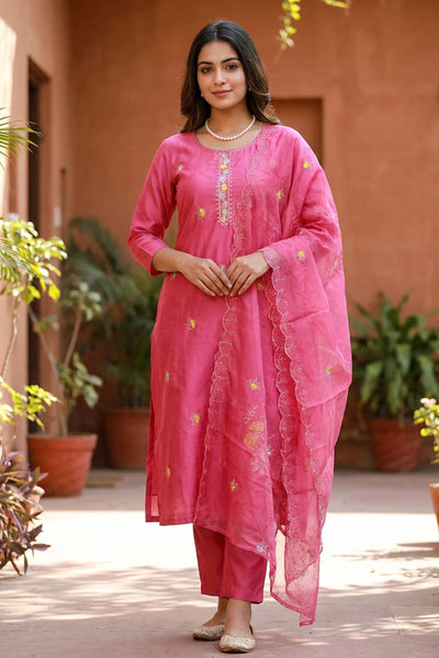 Deep Pink Roman Silk Chikankari-Style Kurti Set with Beads Work Neck & Chiffon Dupatta - Deep Pink