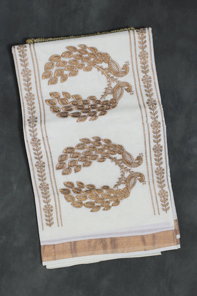 Pure Kerala Cotton White Saree with Copper Zari Peacock Embroidery, Includes Blouse Piece - White