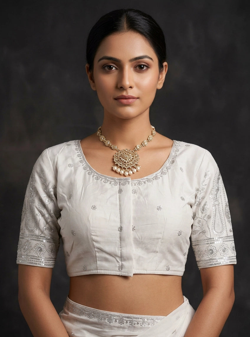 White Designer Padded Embroidery Silk Blouse with Elbow Sleeves, Fully Stitched for Saree & Traditional Wear - White