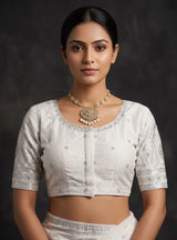 White Designer Padded Embroidery Silk Blouse with Elbow Sleeves, Fully Stitched for Saree & Traditional Wear - White