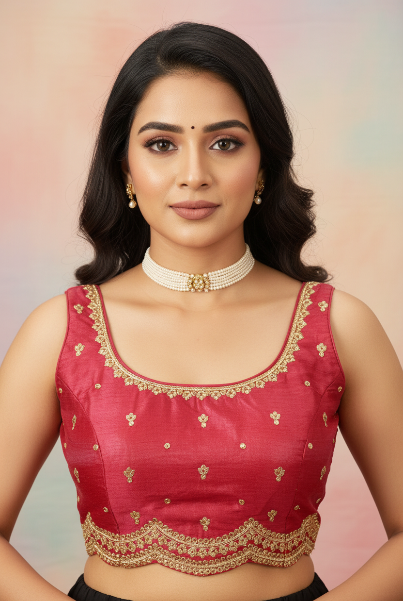 Red Sequin Padded Readymade Sleeveless Blouse with Back Knot and Floral Motifs, Fully Stitched