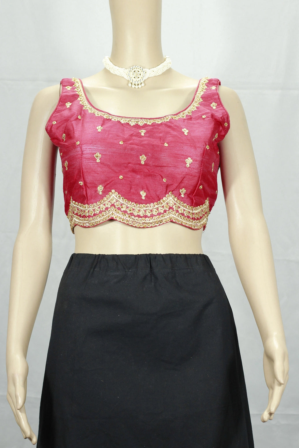 Red Sequin Padded Readymade Sleeveless Blouse with Back Knot and Floral Motifs, Fully Stitched - Red