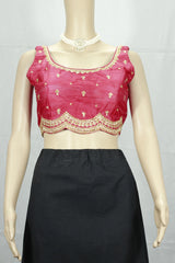 Red Sequin Padded Readymade Sleeveless Blouse with Back Knot and Floral Motifs, Fully Stitched - Red